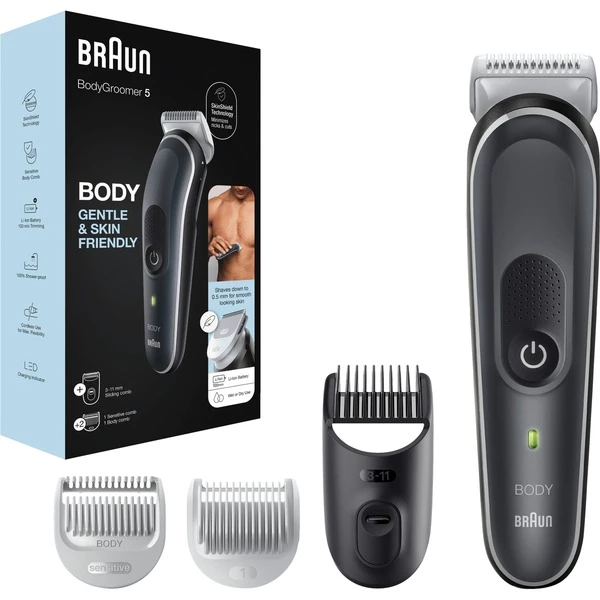 Braun BodyGroomer BG5340 Noir, Argent, Tondeuse (Noir/Blanc, Mouillé & Sec, AC/Batterie, Noir, Argent)