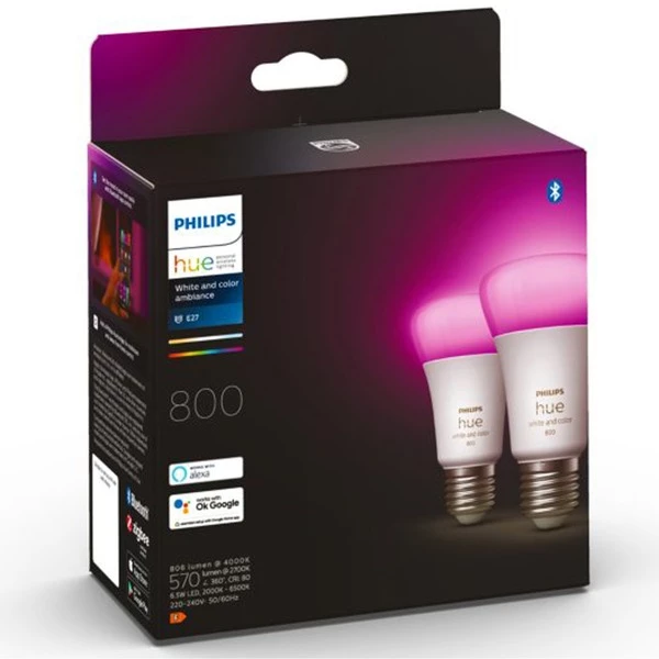 Philips Hue A60 - Ampoule Connectée E27 - 800 (lot De 2), Lampe à LED (Philips Hue White And Color Ambiance A60 - Ampoule Connectée E27 - 800 (lot De 2), Ampoule Intelligente, Blanc, Bluetooth/Zigbee, LED, E27, 2000 K) – Image 4