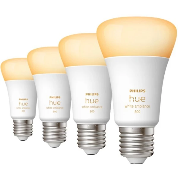 Philips Hue A60 - Ampoule Connectée E27 - 800 (pack De 4), Lampe à LED (Philips Hue White Ambiance A60 - Ampoule Connectée E27 - 800 (pack De 4), Ampoule Intelligente, Blanc, Bluetooth/Zigbee, LED, E27, Lumière Du Jour Froide, Blanc Chaud)