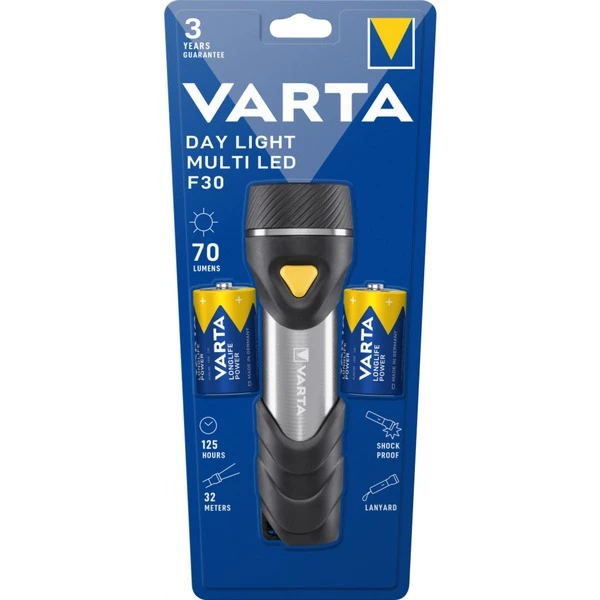 Varta Day Light Multi LED F30 Noir, Argent, Jaune Lampe Torche, Lampe De Poche (Lampe Torche, Noir, Argent, Jaune, Synthétique ABS, Aluminium, Caoutchouc, LED, 14 Lampe(s), 70 Lm)